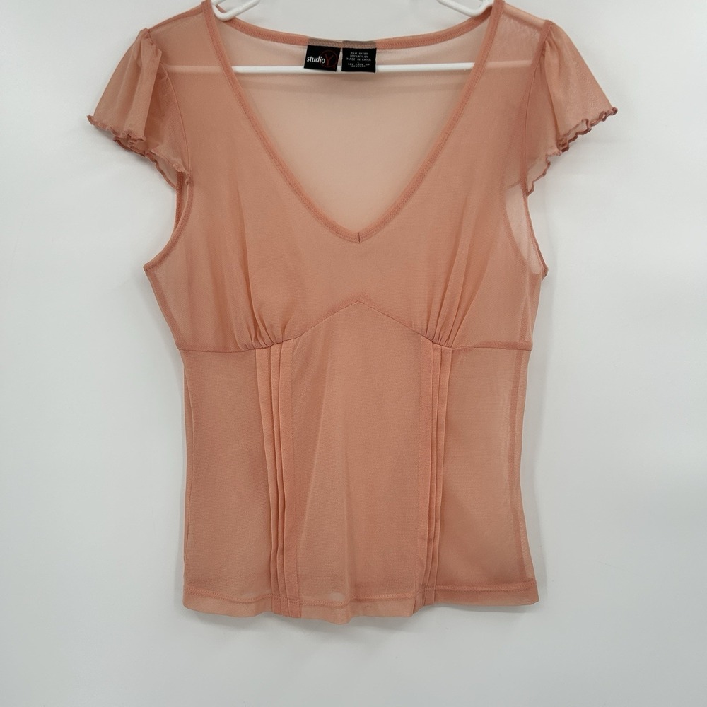 Vintage Y2K Studio Y Sheer Mesh Pink Babydoll Top Size L Coquette Fairy 2000s